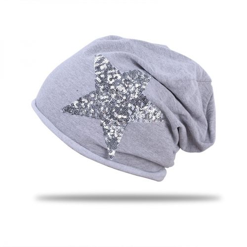 glamour Beanie Mütze mit Pailetten Stern grau