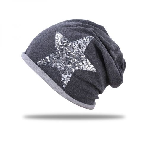 glamour Beanie Mütze mit Pailetten Stern grau