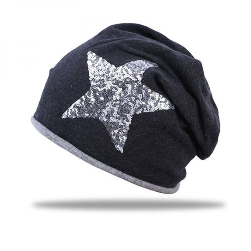 glamour Beanie Mütze mit Pailetten Stern schwarz