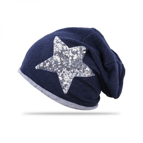 glamour Beanie Mütze mit Pailetten Stern dunkelblau